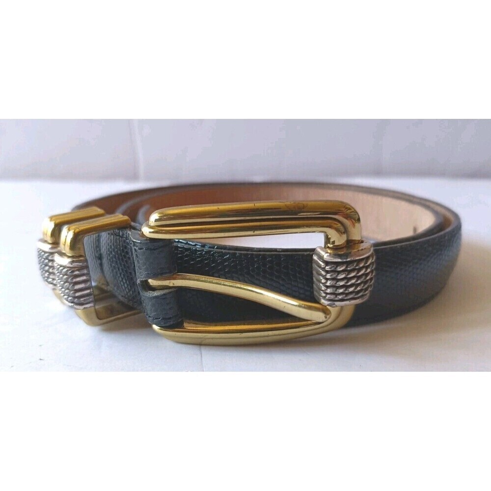 Brighton Classics Black Snake Print Leather Belt Gold Silver Buckle Medium 30